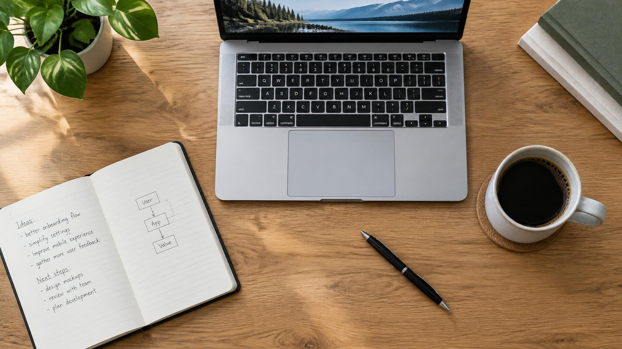 Desk with laptop notebook and coffee cup
