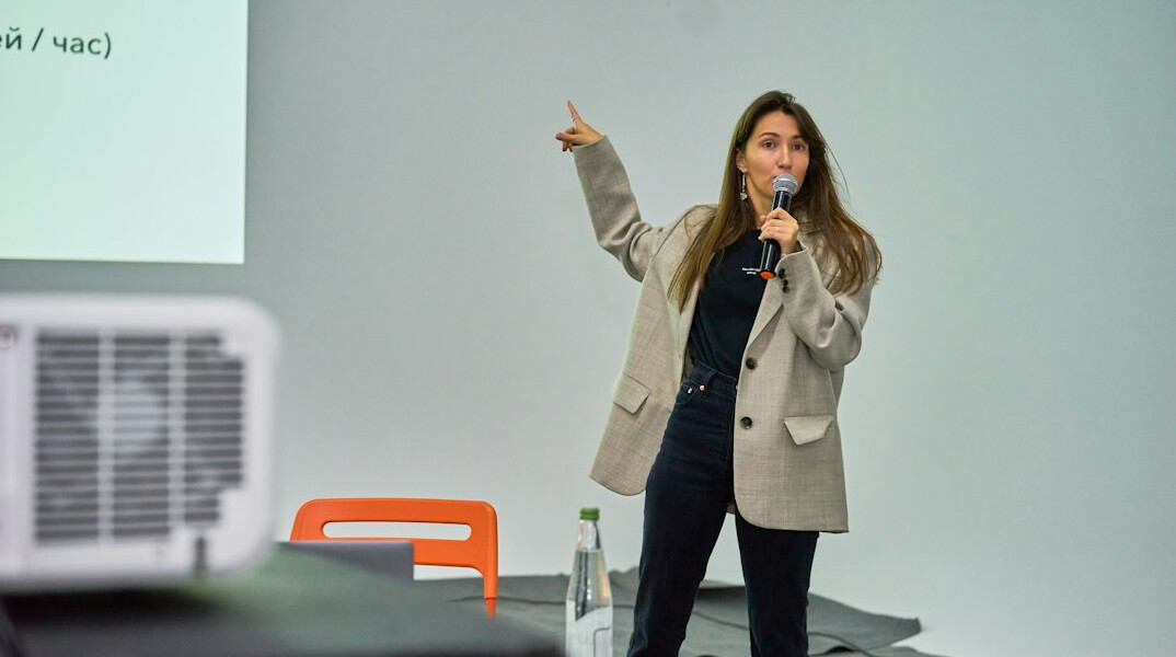 confident speaker on stage